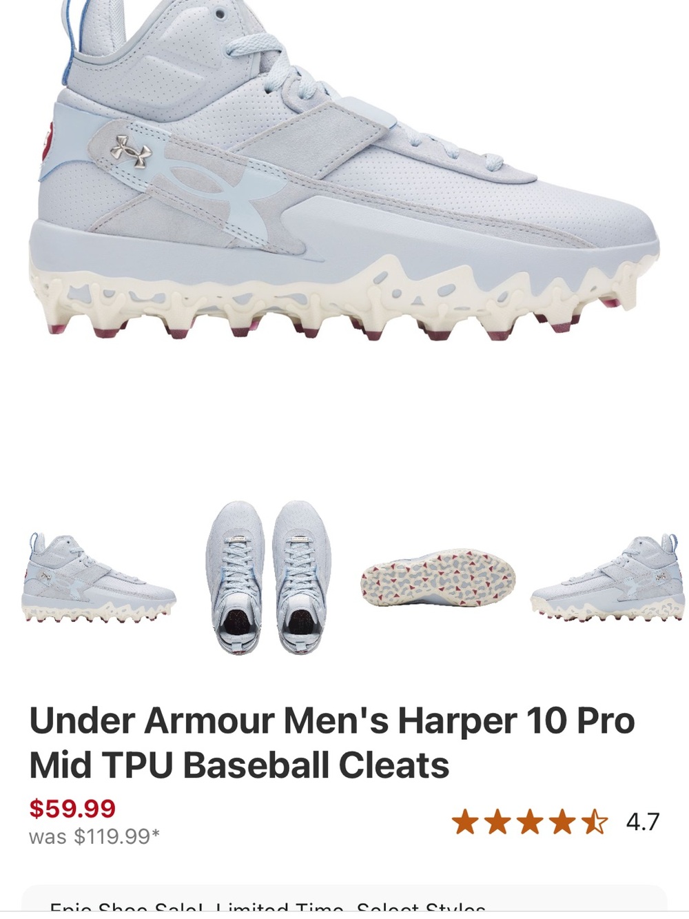 Under Armour Light Blue Mid-Top Athletic Cleats